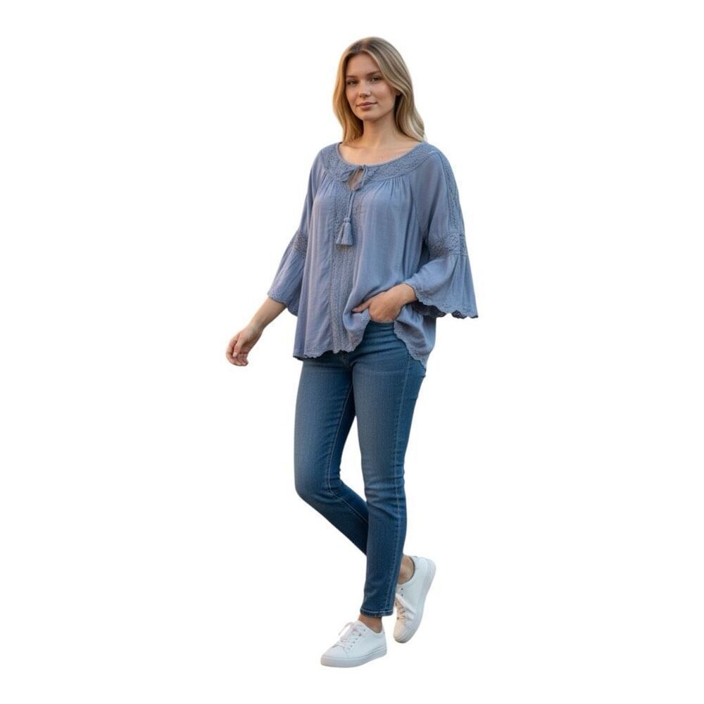 Ariat Blue Peasant Blouse Size XS Crochet Lace Boho Tie Neck 3/4-Flare Sleeve